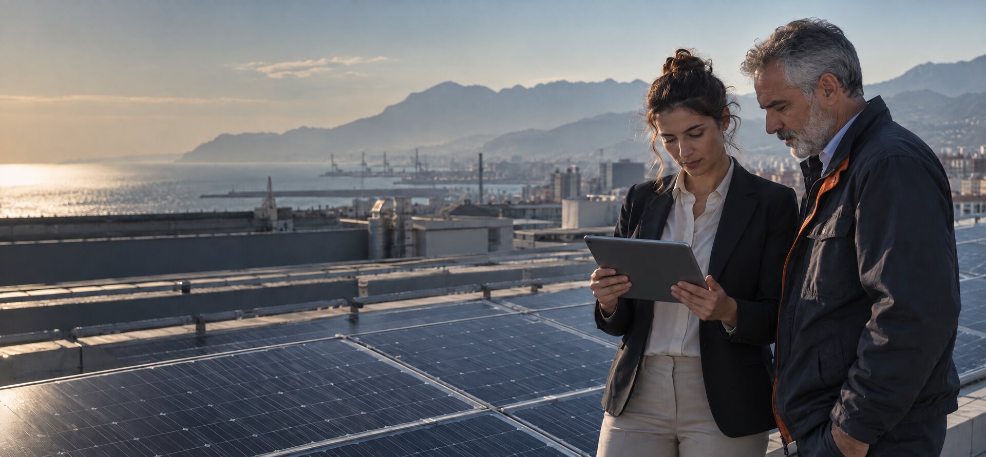 Una consulente e un responsabile di stabilimento consultano un tablet sul tetto, tra i pannelli fotovoltaici