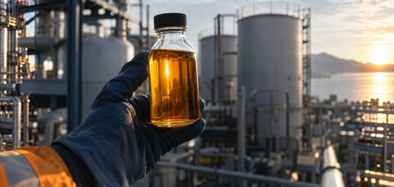 Una mano guantata regge una fiala di biodiesel davanti ai serbatoi di una bioraffineria