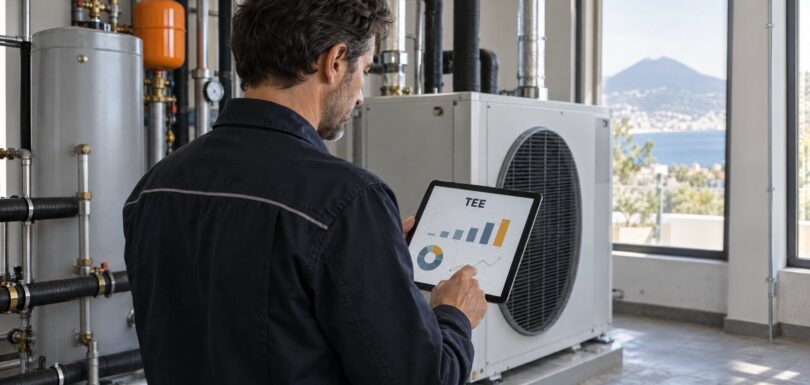Un energy manager controlla su tablet una pompa di calore ad alta efficienza in centrale termica