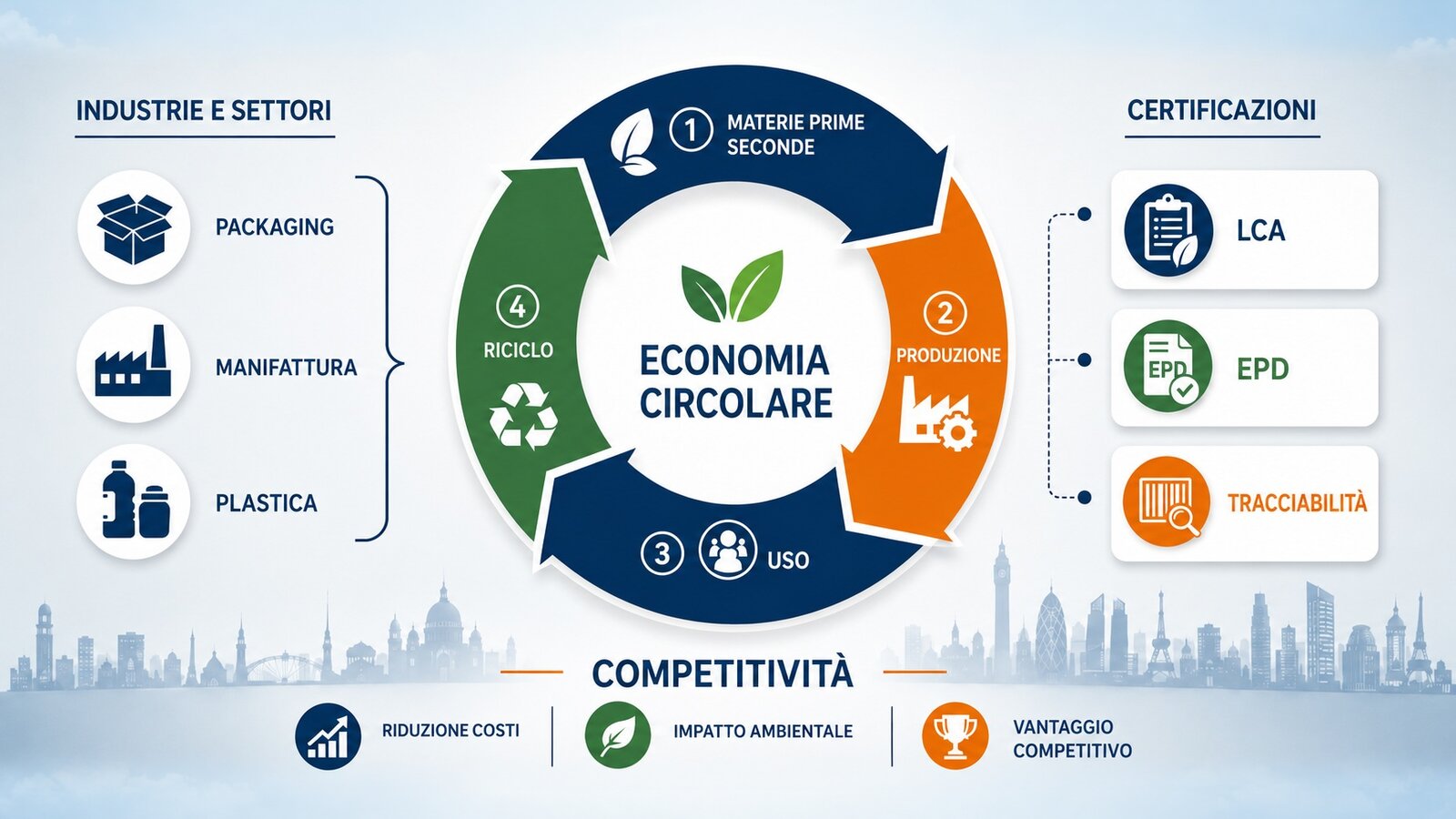 Infografica sull'economia circolare: materie prime seconde, produzione, uso e riciclo