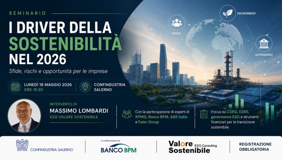 Locandina del seminario «I driver della sostenibilità nel 2026» a Confindustria Salerno