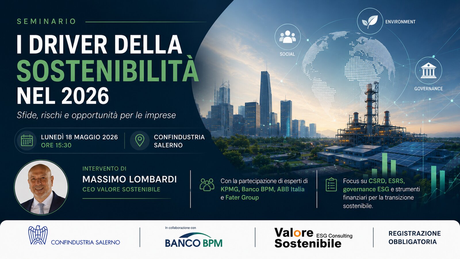Locandina del seminario «I driver della sostenibilità nel 2026» a Confindustria Salerno