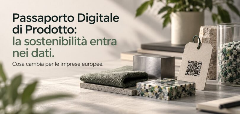 Campioni di materiali con un cartellino con QR code: copertina dell'articolo sul Passaporto Digitale di Prodotto