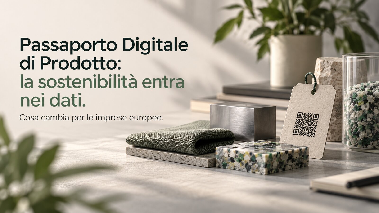Campioni di materiali con un cartellino con QR code: copertina dell'articolo sul Passaporto Digitale di Prodotto