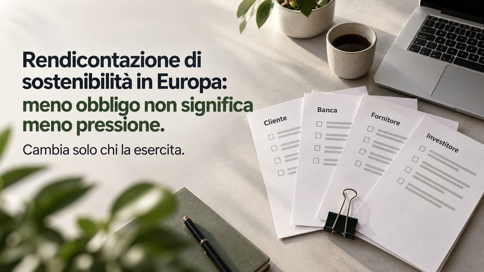 Copertina con il titolo «Rendicontazione di sostenibilità in Europa: meno obbligo non significa meno pressione»